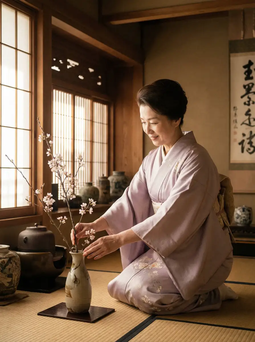 一位优雅的 澳门威尼斯人平台 在和室中插花