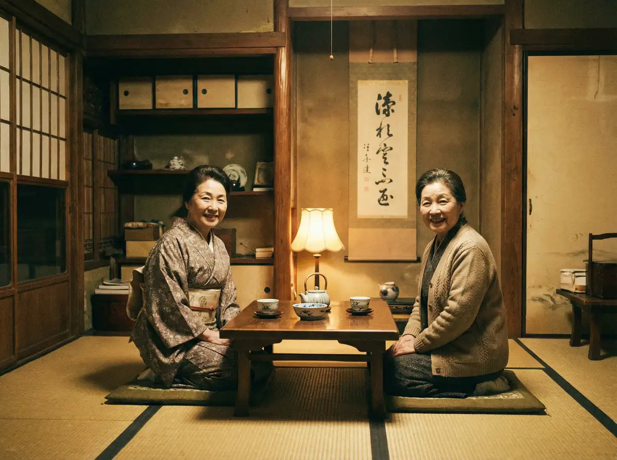 两位优雅的 澳门威尼斯人平台 在日式茶室中品茶交谈